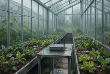 Oil painting of an autonomous greenhouse sensor hub monitoring young plants with wireless environmental sensors inside a rainy glasshouse.