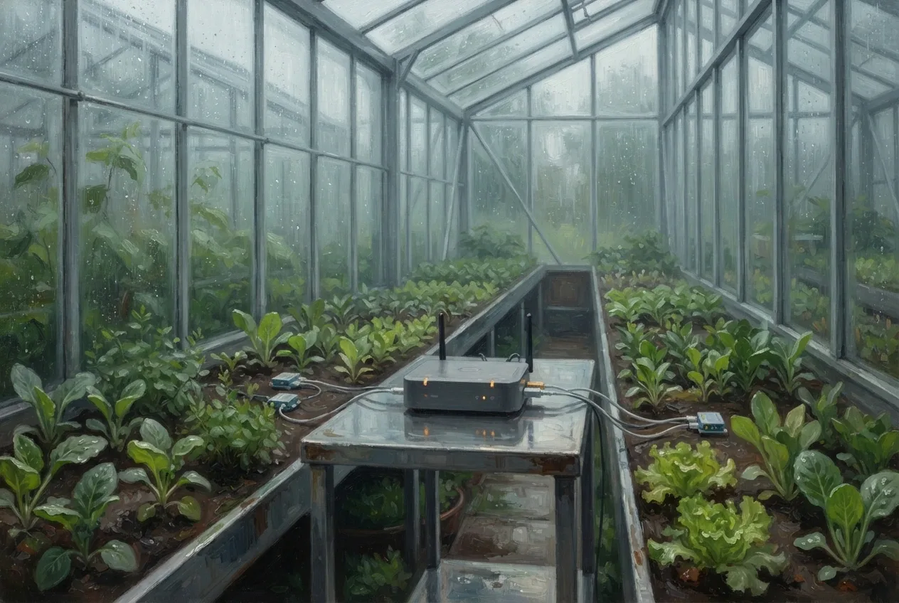 Oil painting of an autonomous greenhouse sensor hub monitoring young plants with wireless environmental sensors inside a rainy glasshouse.