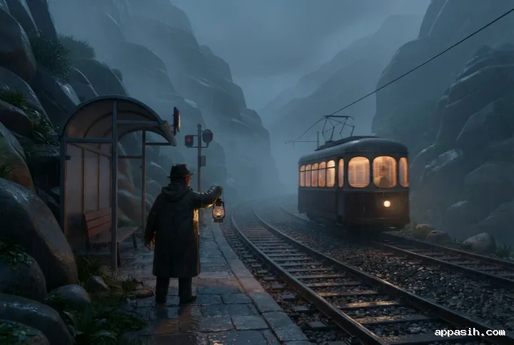 Closer 3D Cartoon view of a station keeper watching a midnight tram cross the same rainy mountain pass under warm platform light.