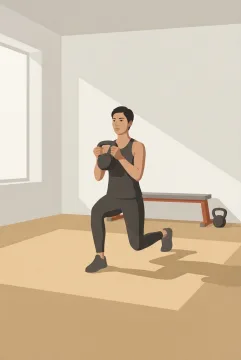 Athlete performing a kettlebell reverse lunge in a minimalist graphic training studio with geometric shapes and soft directional light.