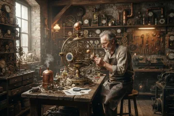 Steampunk clockmaker adjusting a large brass orrery inside a nostalgic workshop filled with mechanical clocks, copper pipes, tools, and warm amber light.