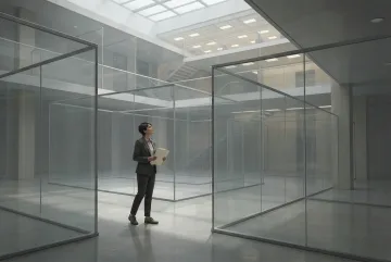 Office worker navigating a transparent glass maze beneath an illuminated upper floor in Concept Art symbolizing invisible career barriers.