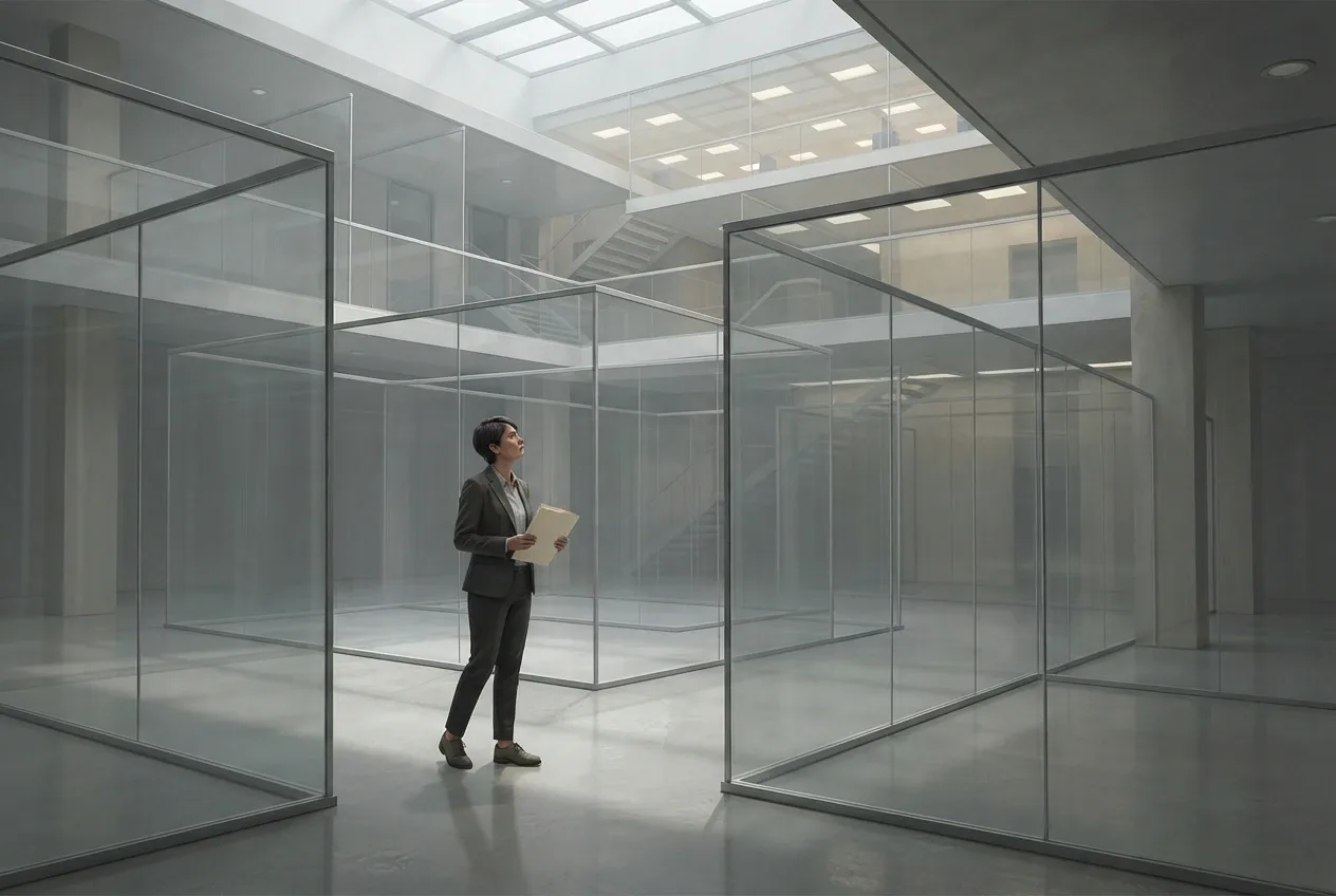 Office worker navigating a transparent glass maze beneath an illuminated upper floor in Concept Art symbolizing invisible career barriers.