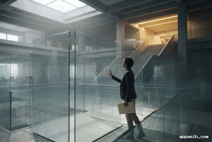 Office worker touching a transparent maze wall while looking toward an unreachable illuminated upper floor in detailed Concept Art about career barriers.