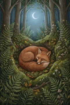 Storybook 2D illustration of a sleeping red fox curled among green ferns, mossy stones, woodland flowers, and glowing fireflies in a moonlit forest hollow.
