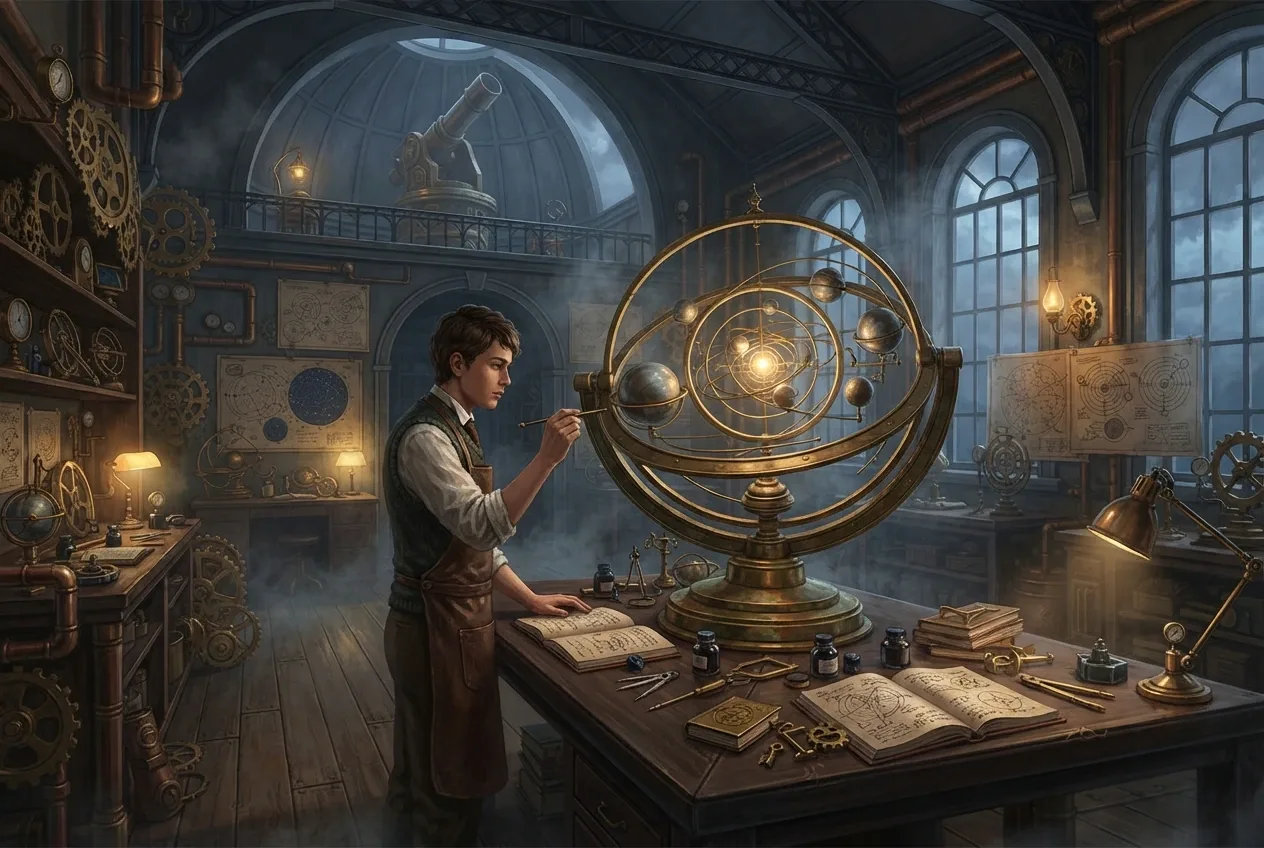 Young astronomer studying a large brass orrery inside a steampunk mechanical observatory classroom.