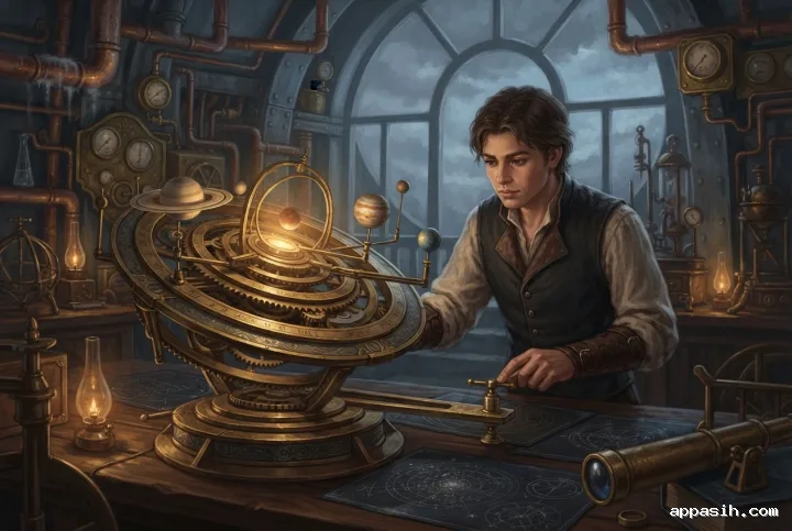 Young astronomer adjusting a brass control beside an intricate steampunk orrery in a mechanical observatory classroom.