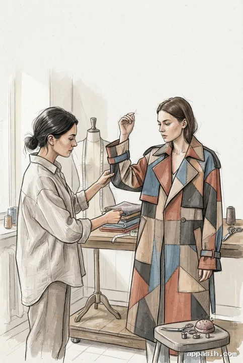 Hand-drawn doodle fashion stylist smoothing the sleeve of a patchwork trench coat on a model in a sewing atelier.
