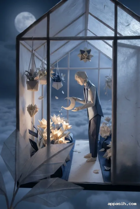 Closer three-quarter view of an origami moon gardener watering luminous folded-paper flowers inside a floating greenhouse above clouds.