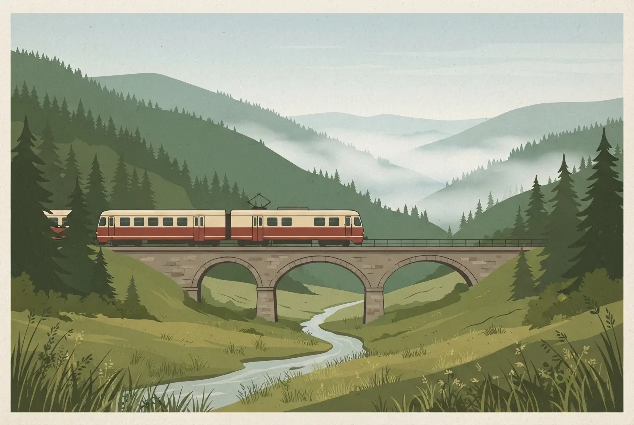 Retro illustration of a cream-and-red mountain train crossing a stone viaduct through misty green highlands and pine-covered slopes.