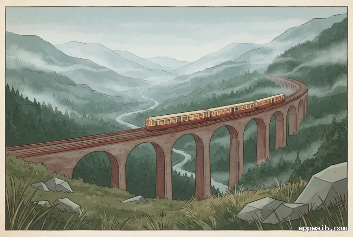 Retro illustration of a cream-and-red mountain train entering a stone viaduct in misty highlands, with pine forests, a winding stream, and softly glowing carriage windows.