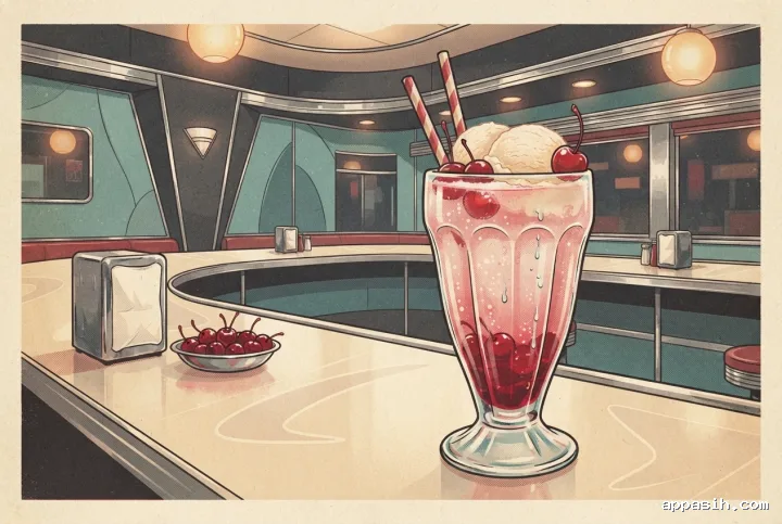 Close three-quarter view of cherry cream soda with vanilla ice cream, cherries, condensation, and chrome diner details in a richly textured vintage poster scene.