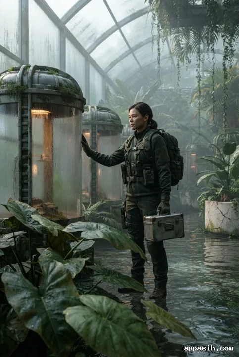 Seed vault guardian inspecting a glowing preservation capsule in a flooded tropical botanical atrium with wet foliage and reflective water.