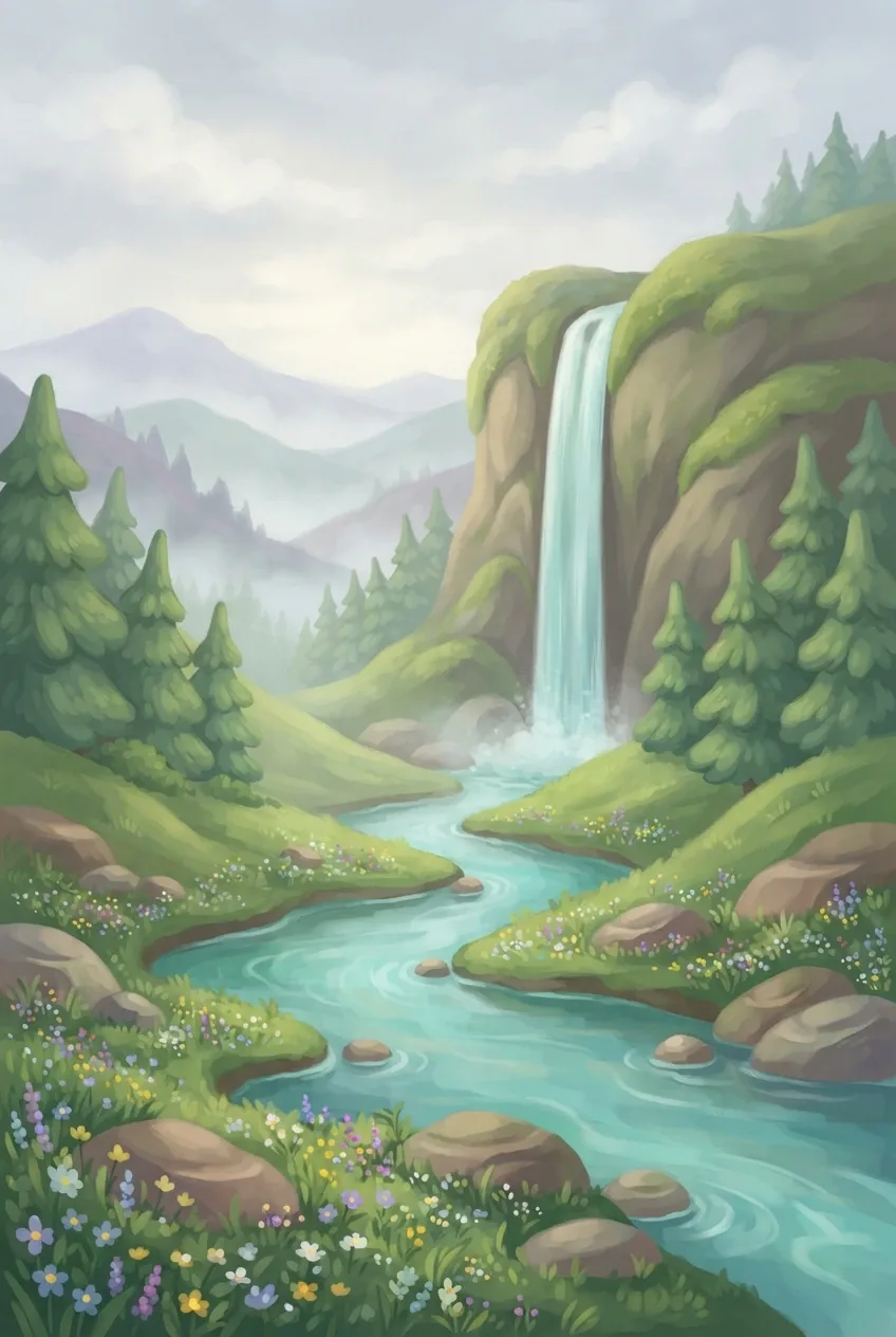 Chibi cartoon misty waterfall valley with rounded pine-covered cliffs, turquoise stream, wildflowers, and soft morning fog.