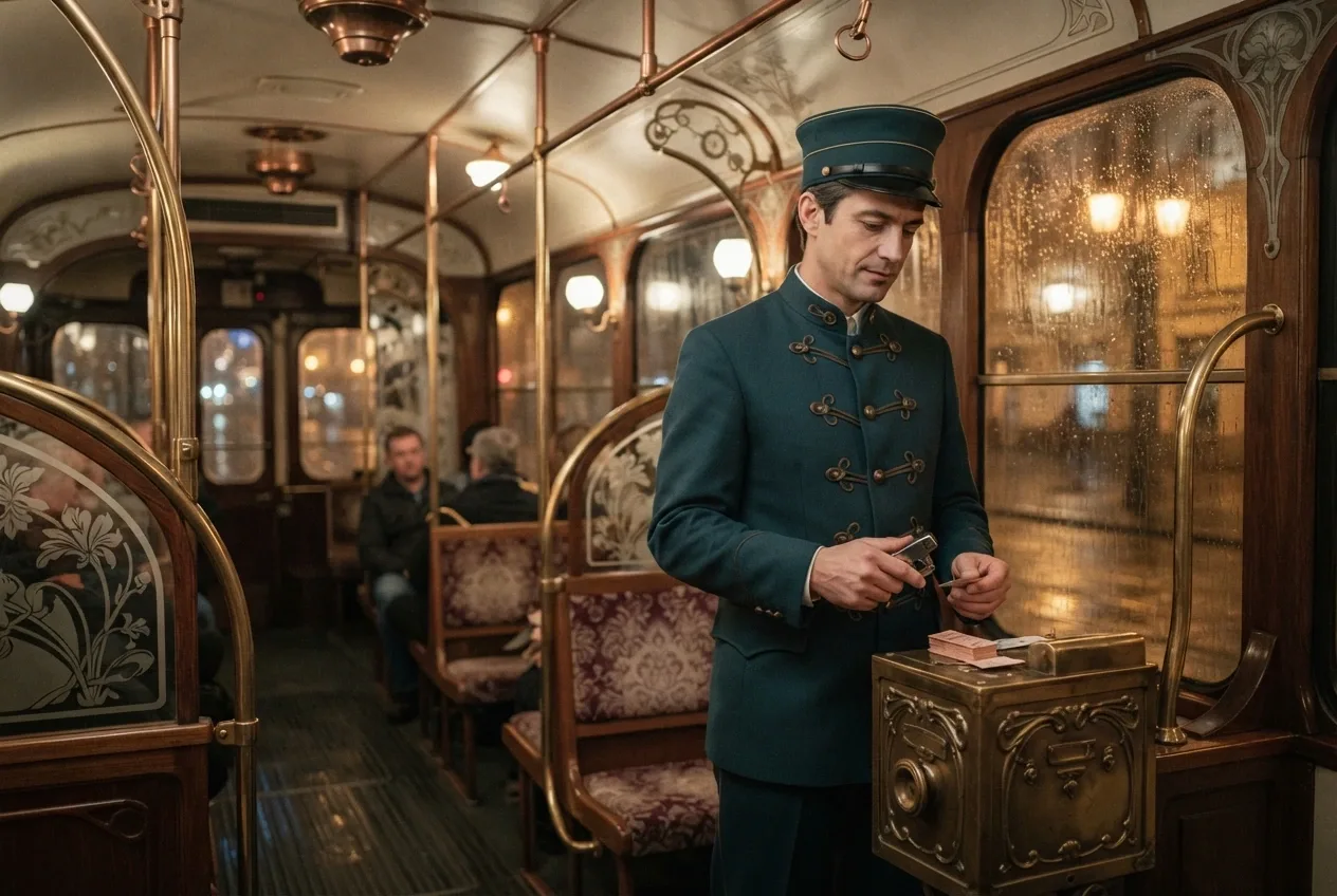 Retro Art Nouveau night tram conductor in a dark teal uniform standing beside a brass fare box inside a rain-lit vintage tram.