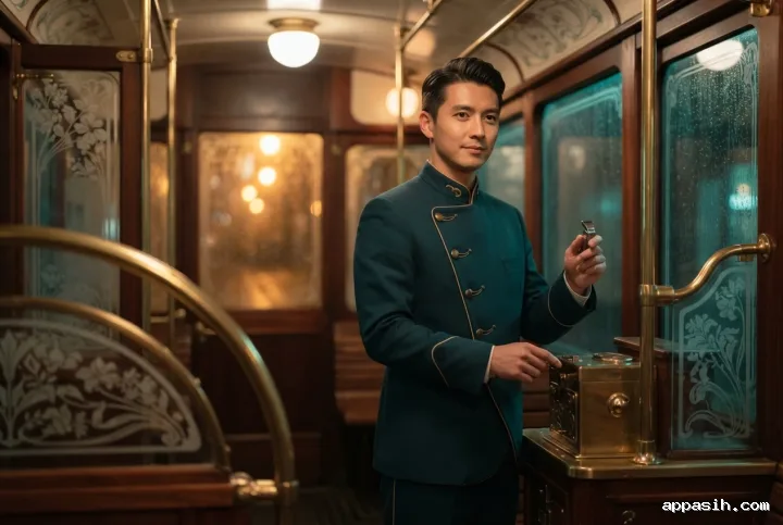 Art Nouveau night tram conductor raising a metal ticket punch beside an ornate brass fare box in a rain-lit vintage carriage.