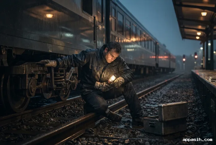 Railway mechanic leaning toward a train wheel assembly on the same rainy night platform, seen from a lower three-quarter angle with wet rails, steam, and cinematic practical lighting.