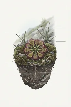 Technical illustration of an alpine sundew plant with red glandular leaves, dew droplets, moss, stones, and visible roots in damp mountain soil.