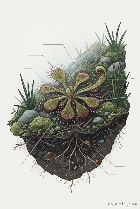 Detailed technical illustration of the same alpine sundew plant from a closer three-quarter view, with dew-covered red glandular leaves, moss, stones, roots, and layered damp mountain soil.