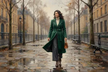 Woman in an emerald tailored coat walking on a rainy city promenade in a textured oil painting.