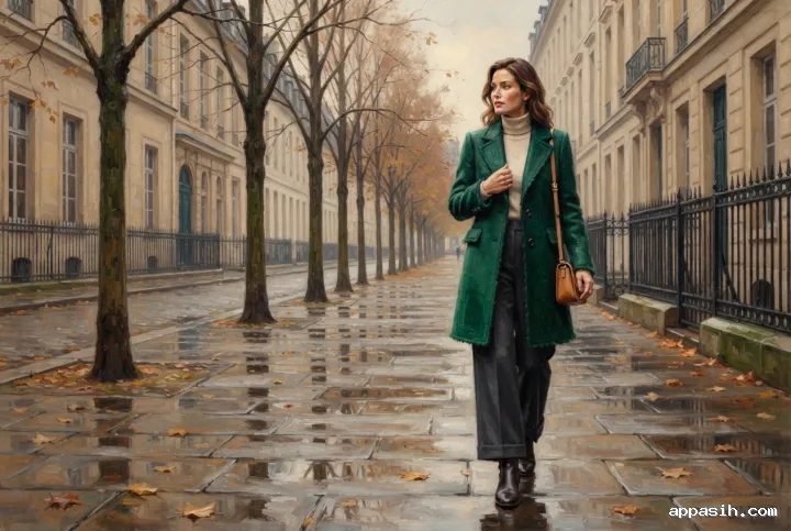 Three-quarter view of a woman in an emerald tailored coat walking through the same rainy city promenade in a richly textured oil painting.