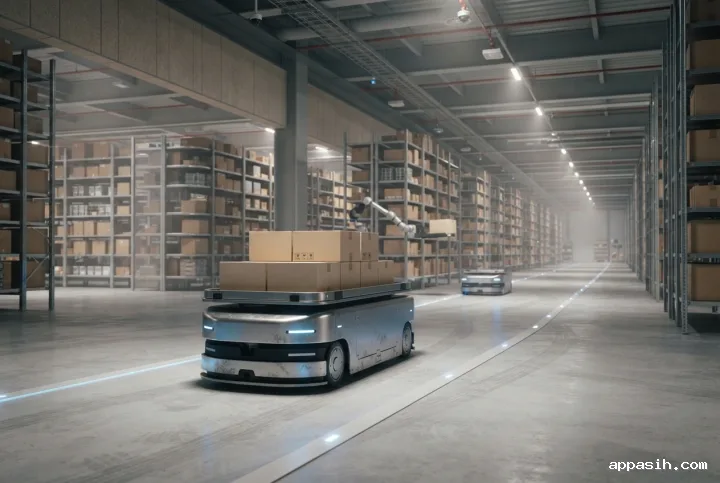 Close cinematic view of an autonomous warehouse robot carrying parcels along an illuminated route inside a realistic smart logistics hub.