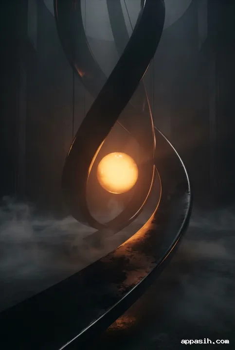 Low three-quarter view of glossy obsidian ribbons surrounding a radiant amber sphere in a dark mist-filled monolithic chamber.