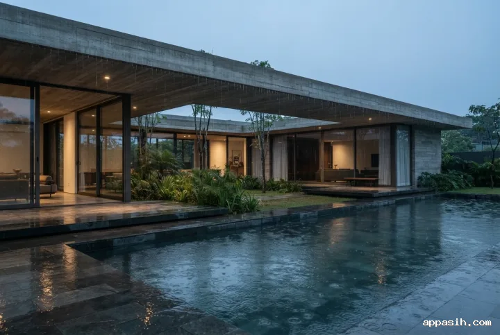 Closer cinematic three-quarter view of a contemporary courtyard house with a cantilevered concrete roof, reflecting pool, tropical landscaping, glowing interiors, and rain-soaked stone surfaces.