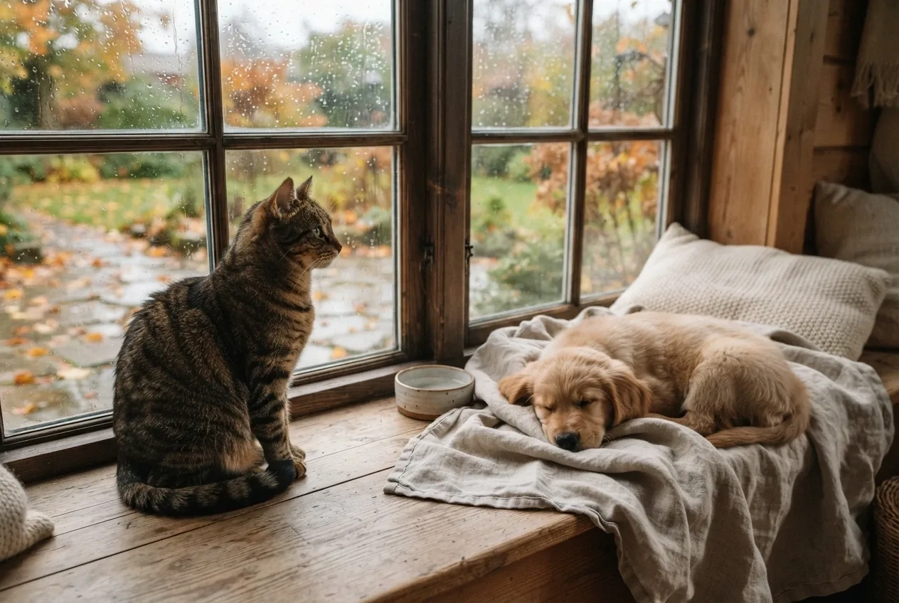 Striped tabby cat watching autumn rain beside a sleeping golden puppy on a cozy wooden window bench with warm cinematic lighting.