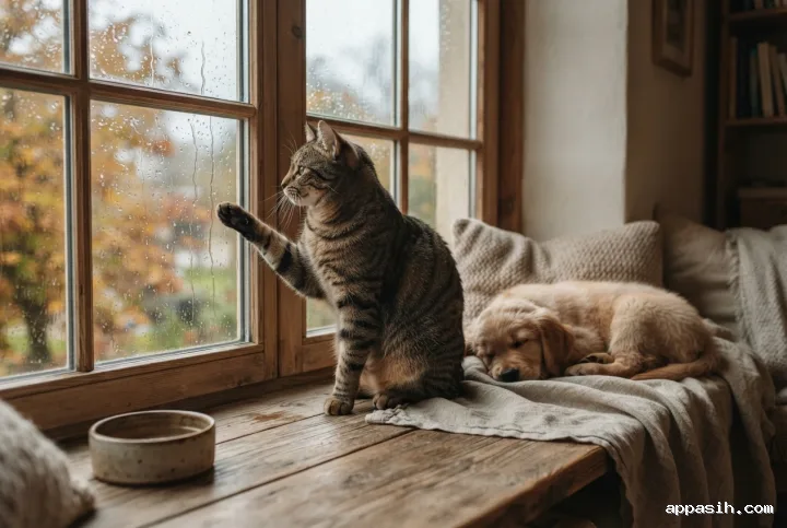 Tabby cat lifting a paw toward rain on a window while a golden puppy sleeps beside it in a warm cinematic window nook.