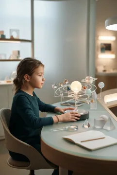Student exploring a translucent glass solar system at a 3D astronomy learning station with orbital rings, planets, prism, and science objects.