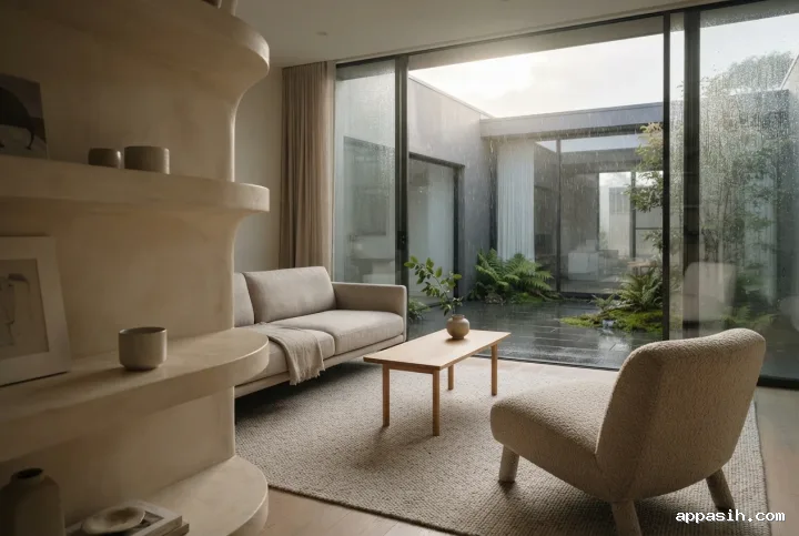 Closer three-quarter view of a sculptural plaster reading lounge with linen seating, oak furniture, and a softly lit rain garden courtyard.