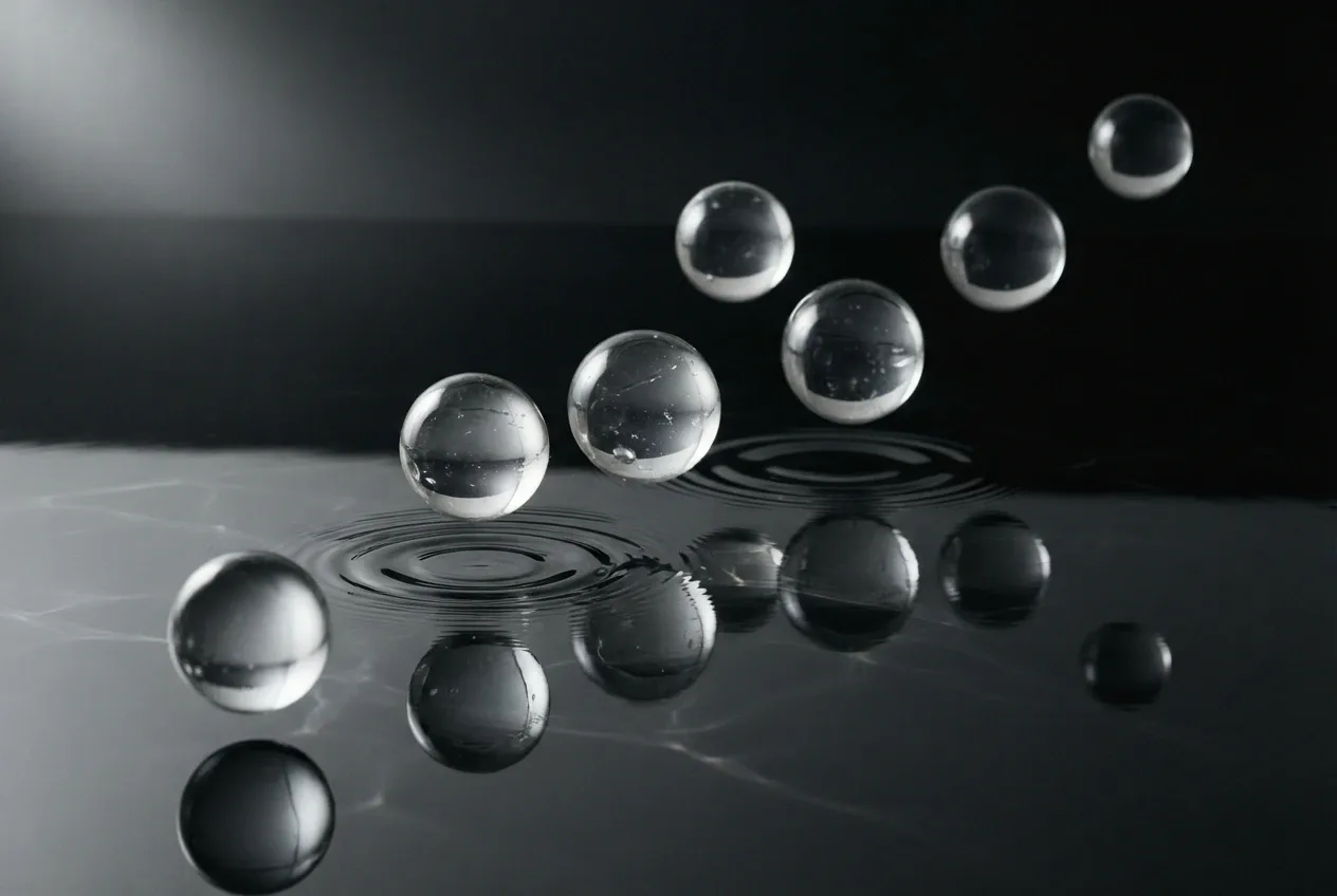 Seven translucent glass orbs suspended above rippling black water with silver reflections in a minimalist fine art photographic composition.