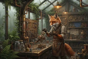 Red fox mechanic repairing a small brass clockwork bird inside an overgrown Steampunk garden workshop filled with copper pipes, gears, tools, and warm amber light.