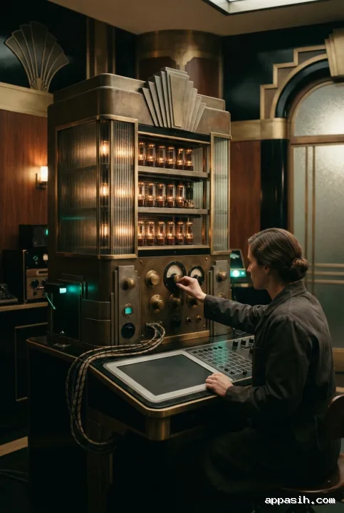 Art Deco vacuum tube computing console viewed from a lower three-quarter angle as a technician adjusts a brass control in the same retro laboratory.