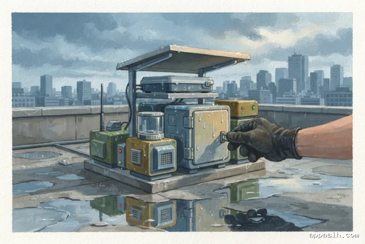 Detailed gouache painting of the same modular urban sensor hub from a closer three-quarter view as a gloved hand adjusts a module on a rainy city rooftop.