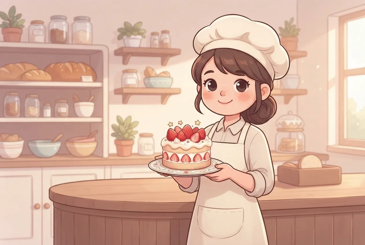 Kawaii cartoon baker holding a strawberry cake behind a wooden counter in a cozy pastel bakery.
