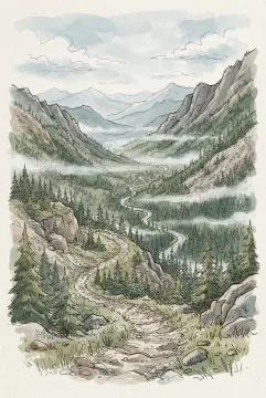 Hand-drawn doodle of a winding mountain trail descending through a misty pine valley with rocky ridges, layered forests, and a narrow river.