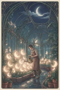 Surreal gardener watering luminous crescent-moon flowers inside an ornate glasshouse in a Retro Art Nouveau night scene.