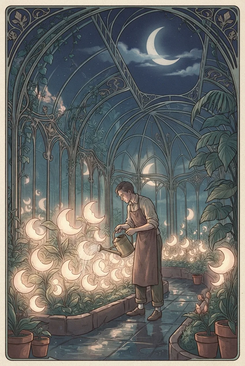 Surreal gardener watering luminous crescent-moon flowers inside an ornate glasshouse in a Retro Art Nouveau night scene.