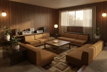 3D architectural visualization of a 1980s sunken living room with caramel modular sofas, wood paneling, patterned carpet, and a cassette listening corner.