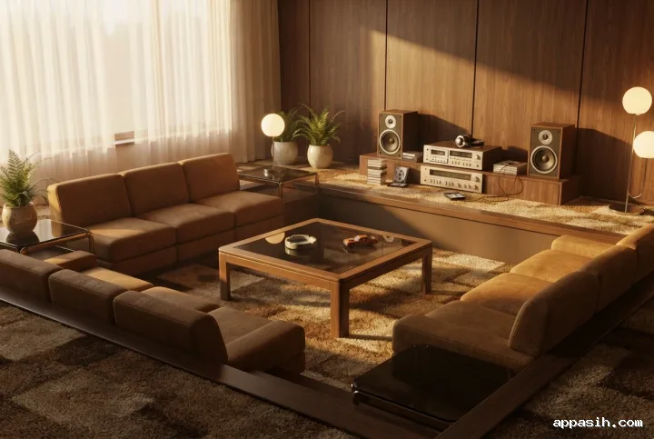 Detailed 3D architectural visualization of the same 1980s sunken living room from a closer three-quarter view, featuring caramel seating, walnut paneling, warm sunlight, and a cassette listening corner.