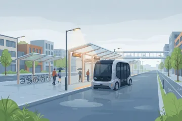 Vector illustration of an autonomous electric shuttle arriving at a rainy urban mobility hub with bicycles, commuters, covered platforms, and wet reflective pavement.