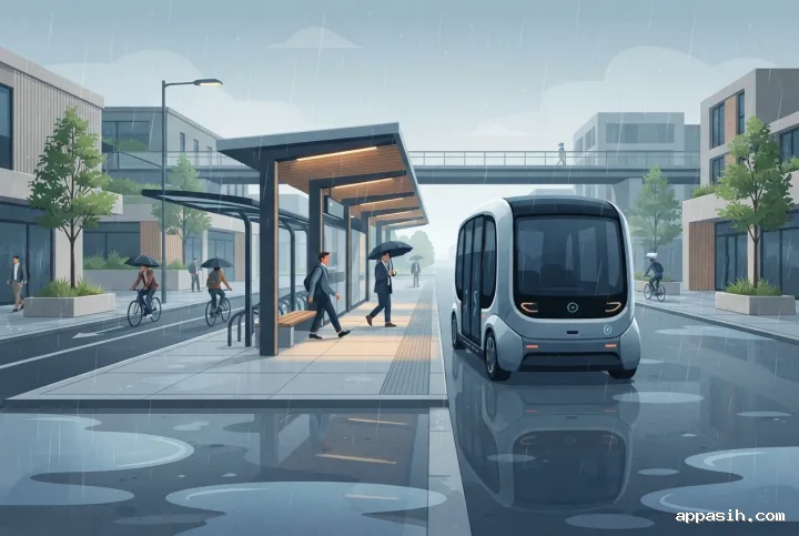 Detailed vector illustration of the autonomous electric shuttle at the same rainy urban mobility hub, shown from a closer three-quarter angle with commuters, bicycles, covered platforms, and reflected station lights.