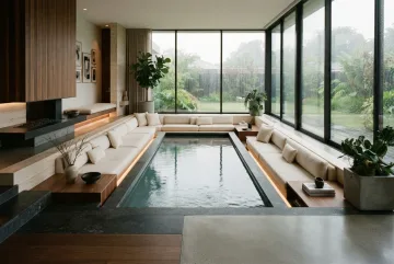Cinematic sunken lounge with cream seating, warm timber walls, textured stone, and a narrow indoor reflecting pool beside rain-covered windows.
