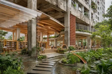 Climate-adaptive public library beneath a tropical concrete housing block with timber canopies, planted terraces, rain gardens, and shaded community spaces.