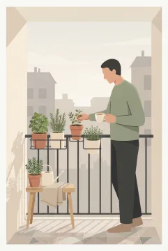 Minimalist graphic of a person drinking morning tea while caring for potted herbs on an apartment balcony.