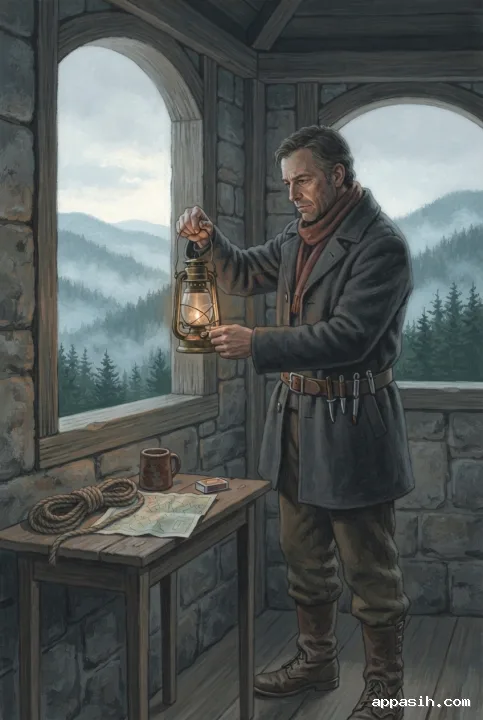 Detailed gouache painting of a lantern keeper lifting the glass chimney of a brass lantern inside the same misty mountain watchtower.