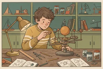 Retro illustration of a young student inventor building a mechanical solar system model at a wooden classroom workbench.