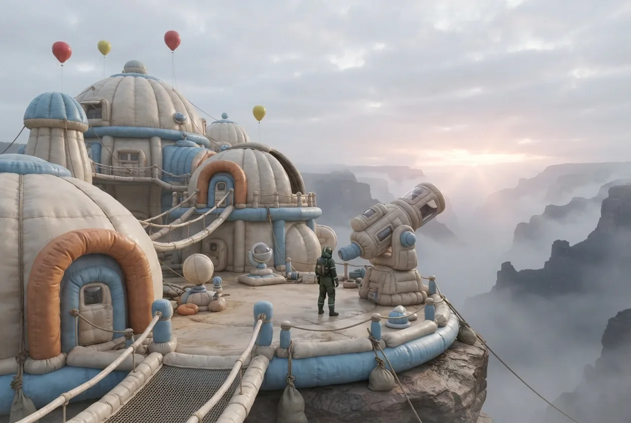 Inflatable 3D cloud observatory with rounded air-filled towers and a lone explorer overlooking a misty canyon at dawn.